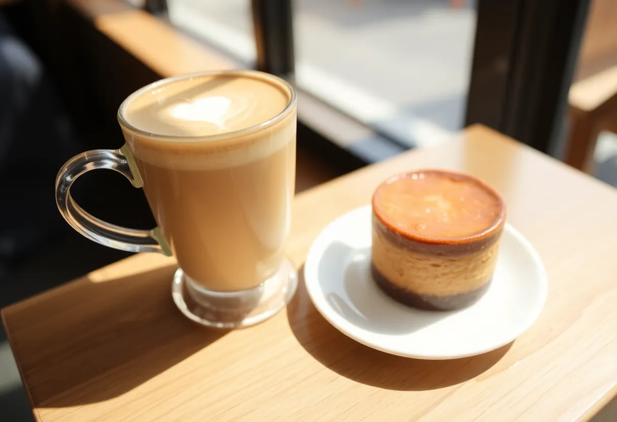 Hojicha latte et gâteau dans un café